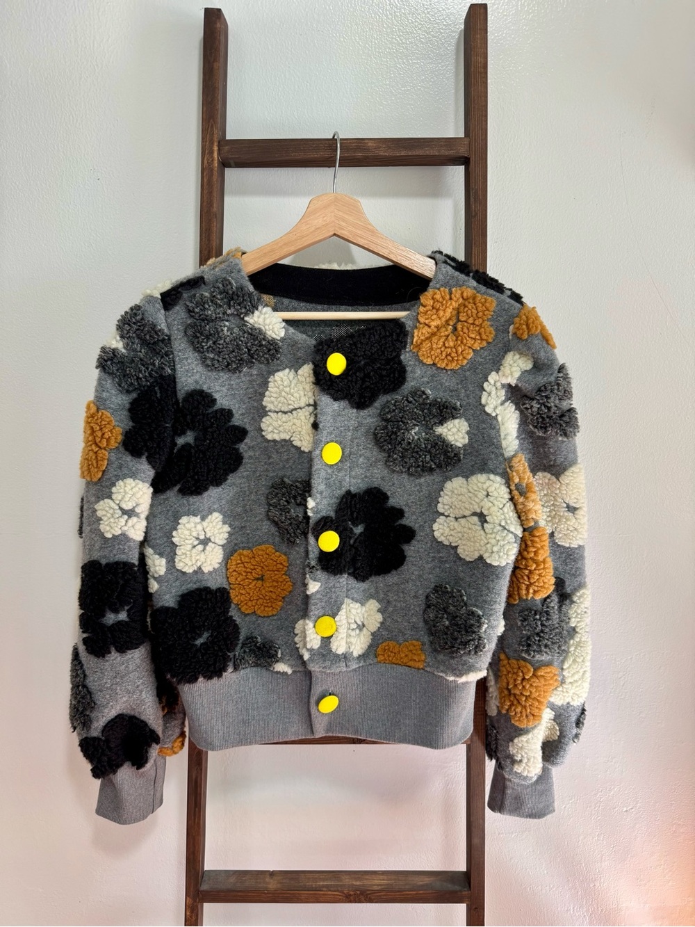 Cozy Floral Sherpa Cardigan Sweater - Gray with Black, Cream & Orange Flowers